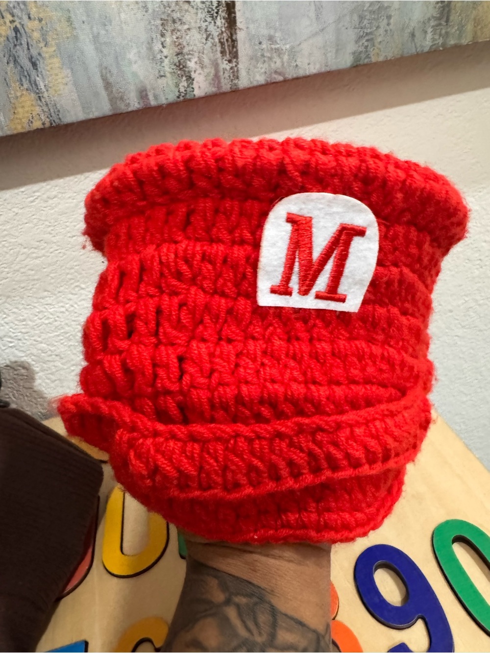 Kids Red Crochet Superhero Neck Warmer with 'M' Patch